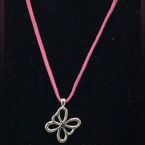 NWOT Lia Sophia Silver Butterfly Necklace on a Pink Suede Rope